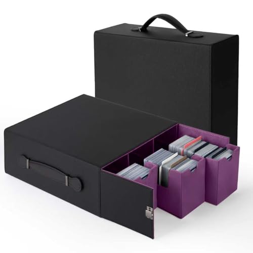 Trading Card Storage Box, 3-Row Deck Case with Handle, 2500+ Card Organizer with 8 Colorful Dividers & 3 Stoppers for MTG TCG PTCG Sports Card, Black & Purple - color: Black & Purple, size: 2500+, with Handle