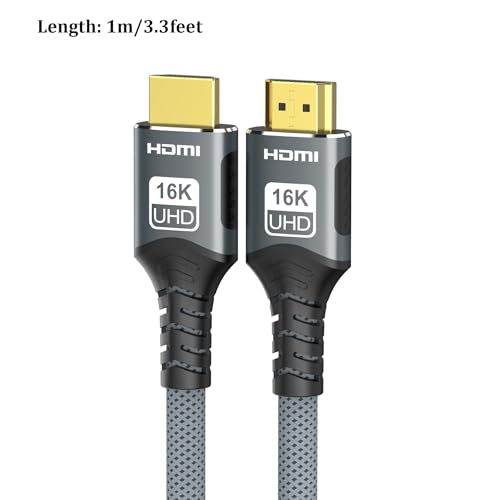 16K HDMI 2.2 Cable 3.3FT, 96Gbps Ultra High Speed HDMI Male to Male Braided Cord Support 16K@60Hz 8K@60Hz eARC HDCP HDR10+ Dolby Compatible with TVs, Monitors, Projectors (1m/3.3feet)