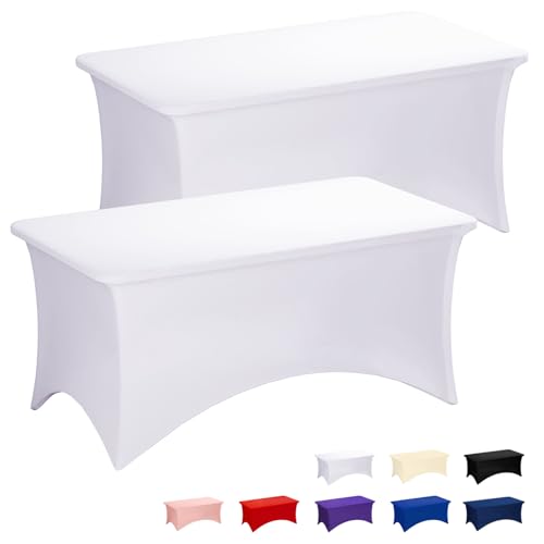 Fixwal White Stretch Table Cloth Rectangle 2 Pack 4Ft, Spandex Fitted Table Covers Washable for Party, Trade Show, Banquet, Wedding, Buffet - color: White, size: 4 Ft