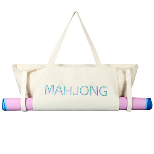 Abbylike 28x9 Inches Mahjong Bag for Rolled Mat Tiles Racks Pushers Accessories Empty Mahjong Tote Bag with Zipper Closure Outer Pockets Lining Large Capacity(Beige,Canvas) - color: Beige
