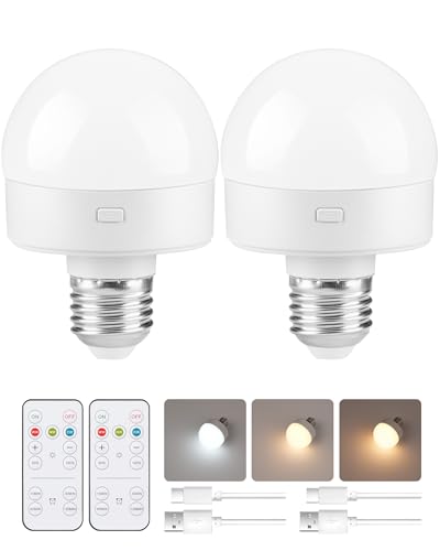 Rechargeable Light Bulbs with Remote Control 2 Packs, Battery Operated Light Bulbs with Timer & 3 Color Temperature, Detachable Wireless LED Bulb for Lamp, E26 Base, Non-Hardwired, W01YBP206 - size: E26 Base - 3 Color Temperatures