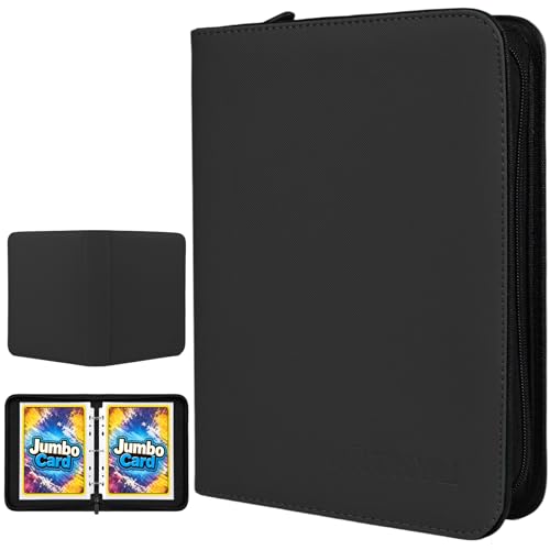 WITHYU Jumbo Card Binder, 5.4 x 7.4 Inch 3-Ring Trading Card Album with Zipper, Holds Oversized Jumbo Cards, 40 Removable Sleeves with 80 Pockets, Waterproof PU Leather Collector Binder, Black - color: 5.4x7.4-black