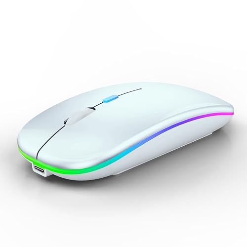 WREANU Wireless Bluetooth Mouse Rechargeable Laptop Mice with LED Lights Silent Slim Use(BT5.2 & USB 2.4G Portable Receiver) Dual Mode Computer Mouse for Laptop/iPad/Tablet/Apple/Computer/Mac(White) - color: White Wireless Bluetooth Mouse