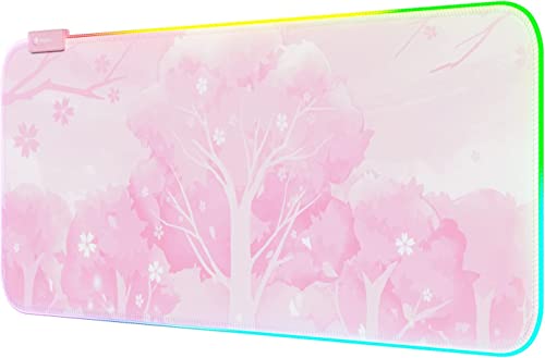 Pink RGB LED Gaming Mouse Pad, 14 Modes Glow Pad, Extra Large Gaming Mousepad,Waterproof Rubber Non Slip Cute Sakura Mat, Extended Big Keyboard and Mouse Pad Mat for Gamer Office Home, XXL 800×300×4mm