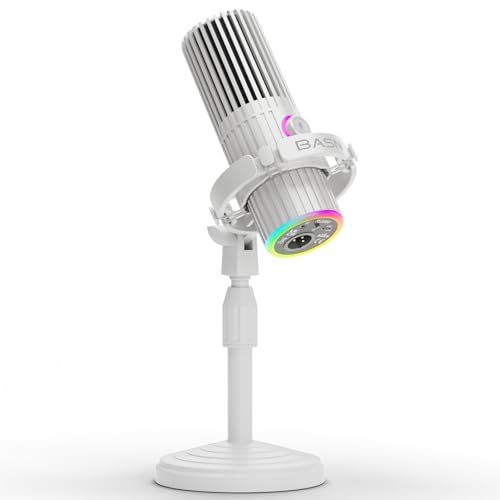 BASN SL2000 USB/XLR Dynamic Microphone for Podcast,White | Live Streaming, Gaming Recording with RGB Mute Button, Headphone Monitoring and MIC Stand - color: White