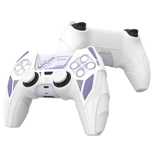 PlayVital Silicone Skin Set for PS5 Controller - Mecha Rhino Design, Anti-Slip Grip Cover Protector Compatible with Charging Dock, with Thumb Grips & Touchpad Sticker - White & Light Violet - color: White & Light Violet