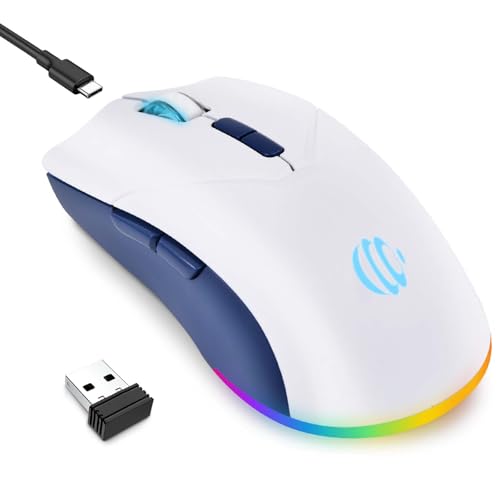 Bluetooth Mouse, Laptop Mouse, Wireless Rechargeable Mouse, 2-in-1 BT 5.2 + 2.4G Silent 1600DPI Mice with USB Receiver, One-Click Return Desktop, Mouse for Laptop, PC, Mac, iPad, White - color: White and Blue