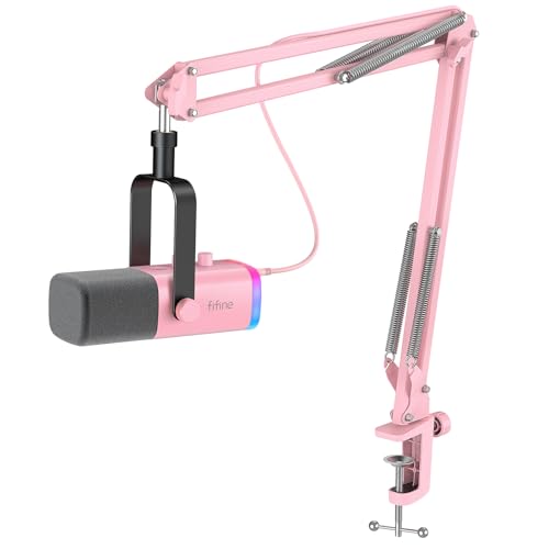 FIFINE AmpliGame AM8TP XLR Gaming Microphone USB PC Dynamic Mic Kit | Streaming RGB Mic with Headphone Jack, Mute Button, Boom Arm Stand for Computer/Mixer, for Vocal, Recording, Podcast, Pink - color: Pink
