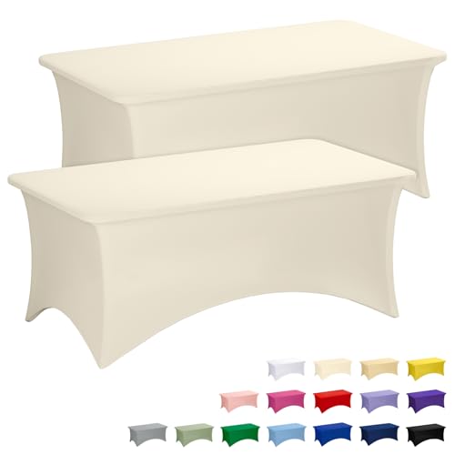 Fixwal Ivory Stretch Table Cloth Rectangle 2 Pack 6Ft, Spandex Fitted Table Covers Washable for Party, Trade Show, Banquet, Wedding, Buffet - color: Ivory, size: 6 Ft