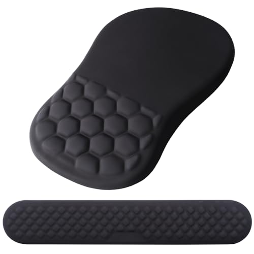 Ergonomic Mouse Pad Wrist Support, 2 in 1 Keyboard Wrist Rest Set | Memory Foam, 15° Ergonomic Slope, Massage Bead Design, Non-Slip PU Base, Lycra Fabric, for Office & Gaming,Black - color: Black