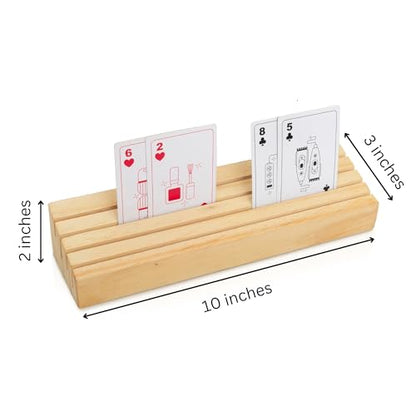 Set of 2 Wooden Playing Card Holders - 4 Tier Card Rack Deck Stand For Adults, Seniors - Hands Free Card Display Tray Game Organizer for Canasta Bridge Poker Uno Go Fish, Family Strategy Card Night