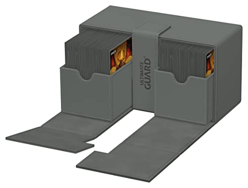 Ultimate Guard Twin Flip'n'Tray 200+, Deck Case for 200 Double-Sleeved TCG Cards + Dice Tray, Grey, Independent Magnetic Closure & Microfiber Inner Lining - color: Grey