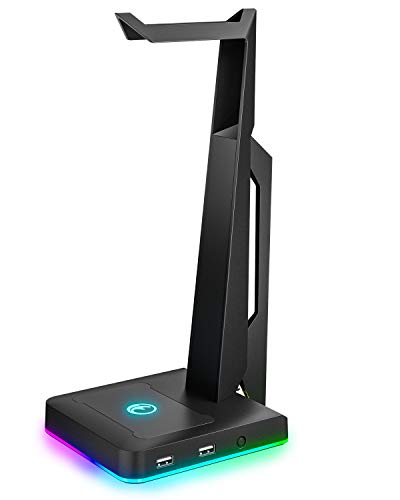 RGB Gaming Headset Stand with 2 USB Ports, Game Headphone Mount for PC, Xbox One, PS4, Switch, Earphone Holder Hanger, Great for Gaming Stations, Fancy Desk Gamer Accessories, Black - color: Black