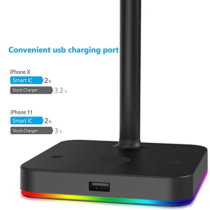 KAFRI RGB Headphone Stand with Wireless Charger Desk Gaming Headset Holder Hanger Rack with 10W/7.5W QI Charging Pad and QC 3.0 USB Port - Suitable for Gamer Desktop Table Game Earphone Accessories - color: Black