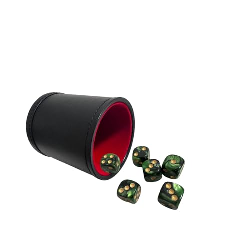 PU Leatherette Dice Cup with 6 D6 Black and Green Dice for Yahtzee Farkle Bar Party Dice Games - color: Red Black B