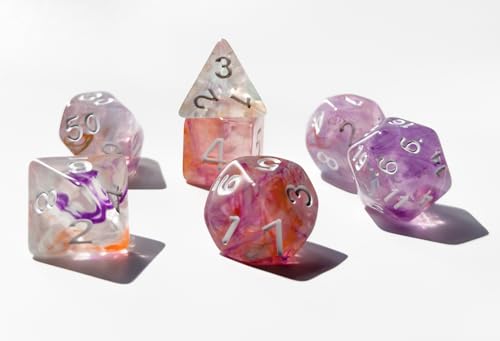 Pink DND 주사위 7개 세트 다면체 주사위 (핑크 글로우) | TTRPG, 던전 앤 드래곤, 롤플레잉 게임 및 기타 테이블 게임을 위한 아크릴 주사위 세트 - D20 시스템 주사위 - color: 핑크 글로우
