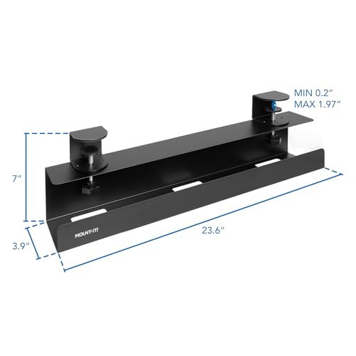 Mount-It! Under Desk Cable Management Tray – Clamp-On No-Drill Metal Cable Management Tray for Desk & Standing Desk, Wire & Cord Organizer for Power Strips, Glass Desks – 23.6” Black