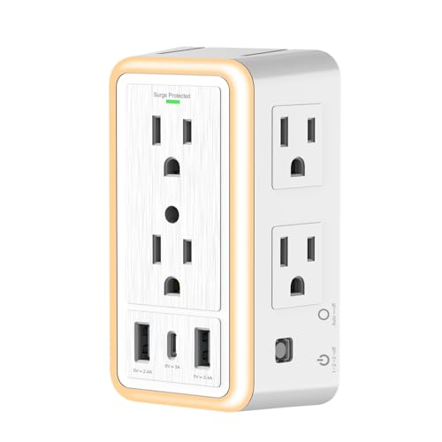 Power Strip Surge Protector, 6 AC Outlet with 3 Port USB Power Strip Charger and Night Light, 1500J Multi Plug Wall Outlet for Home, Office, Dorm Essential