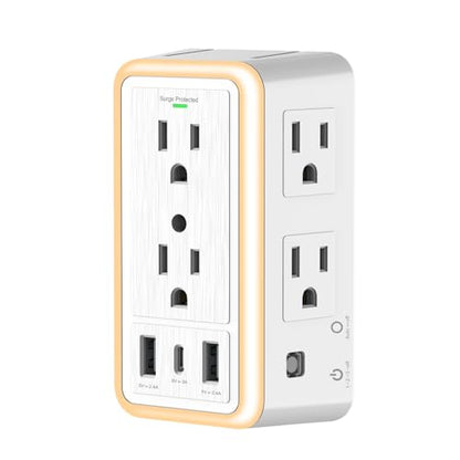 Power Strip Surge Protector, 6 AC Outlet with 3 Port USB Power Strip Charger and Night Light, 1500J Multi Plug Wall Outlet for Home, Office, Dorm Essential