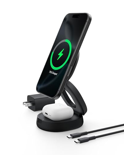 Belkin Qi2 15W Wireless Fast Charging Station, 2 in 1 iPhone Charger | Fast Charging, MagSafe Compatible, iPhone 17/16/15, AirPods, Travel Charger, Magnetic - color: Black, style: 2 in 1