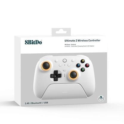 8Bitdo Ultimate 2 Wireless Controller for PC, Apple, Steam & Android, White | TMR Joysticks, Hall/Tactile Triggers, 8Speed 2.4G, 1000Hz Polling Rate, Motion Control, RGB Fire Ring, Charging Dock - color: White