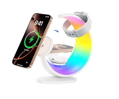 3 in 1 Magnetic Wireless Charging Station, Moon-Design | Magsafe Charger Stand, RGB Night Light, 15W Fast Wireless Charger, Foldable, For iPhone & Airpods & Watch