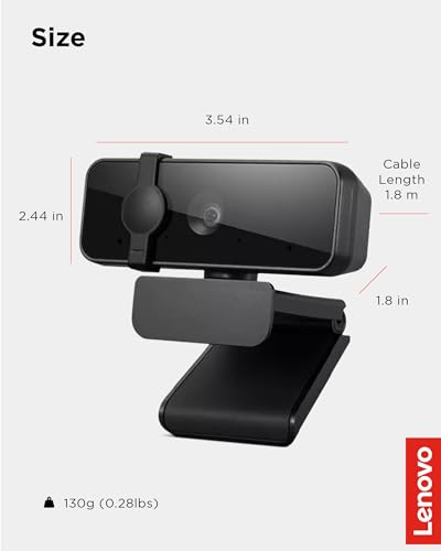 Lenovo Essential Full HD 1080P Webcam, Dual Microphone, No Driver 1.8m USB 2.0, Wide-Angle, Tilt-Control, 360-Degree Rotation, Black - style: 1080P