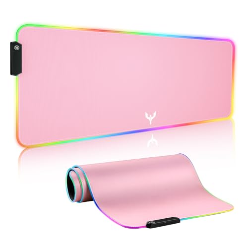 BladeHawks RGB Gaming Mouse Pad Extra Large Extended 31.5x12 Inch-Pink | LED mouse pad with 14 lighting modes, covers keyboard & mouse, anti-slip rubber base, waterproof surface, USB powered - color: Pink