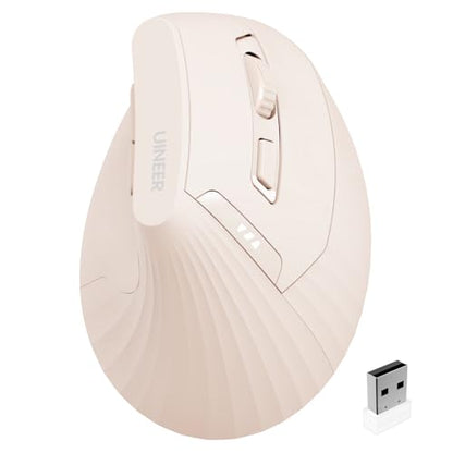 Uineer Ergonomic Vertical Mouse, 2.4G Wireless Mouse, Rechargeable, 4-DPI | Right-handed vertical design with 2.4G USB-A connection, rechargeable battery and visible battery level. - color: Pink