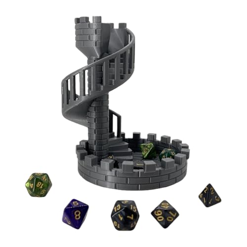 Dice Spiral Staircase Castle Dice Tower Dungeons and Dragons RPG Tabletop Roleplaying Game Jail D&D (Random 7PCS D20 Dice Set Included) Silver