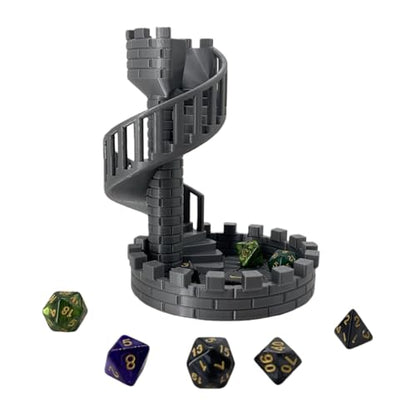 Dice Spiral Staircase Castle Dice Tower Dungeons and Dragons RPG Tabletop Roleplaying Game Jail D&D (Random 7PCS D20 Dice Set Included) Silver