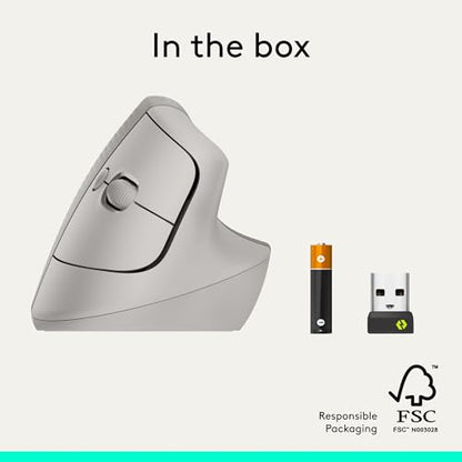 Logitech Lift Vertical Ergonomic Wireless Mouse - Sand | Connect via Bluetooth or included Logi Bolt USB-A receiver, quiet clicks, 4 of 6 buttons customizable, Windows Mac compatible - color: Sand, style: Right-Handed