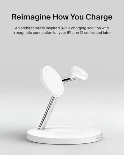 Belkin MagSafe 3 in 1 Wireless Charging Stand, 2nd Gen, 33% Faster | Apple Watch, iPhone 16/15/14, AirPods compatible, multi-device charging station, faster charging, Magnetic - color: White, style: Chrome Finish