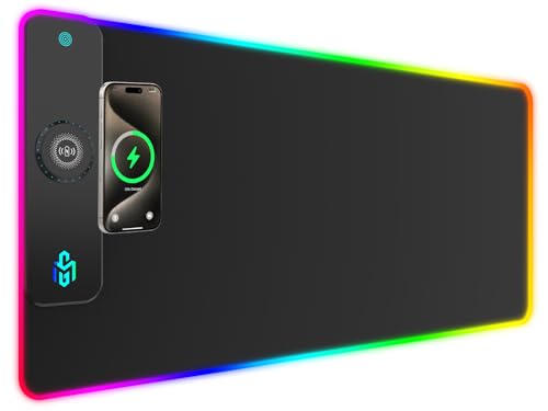GIM Wireless Charging RGB Gaming Mouse Pad 15W, LED Mouse Mat 900x400x4MM, 10 Light Modes Extra Large Mousepad Non-Slip Rubber Base Computer Keyboard Mat for Gaming, MacBook, PC, Laptop, Desk