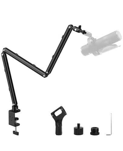 Low Profile Mic Arm for Lightweight Mics, Foldable Boom Arm with Desk Clamp, Mic Clip & 1/4" 3/8" 5/8" Adapters, 360° Metal Ball Head for Podcasting, Streaming & Gaming