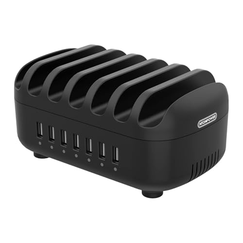 7 Ports Charging Station for Multiple Devices, 70W Charging Station Organizer, USB Charging Docking with Cooling Fan, for iPhone, for iPad, Tablet, Kindle, ETL Listed (2.4A Each, 24A in Total)