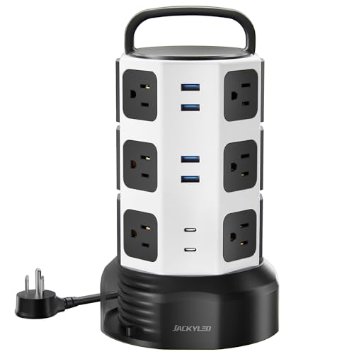 Power Strip Tower Surge Protector, JACKYLED 12 Outlets 6 USB (2 USB C) Charging Station, Extension Cord with Multiple Outlets, 1050J 1625W/13A Outlet Extender 6.5ft Extension Cord for Home Office - color: White Black, size: Medium-6.5ft
