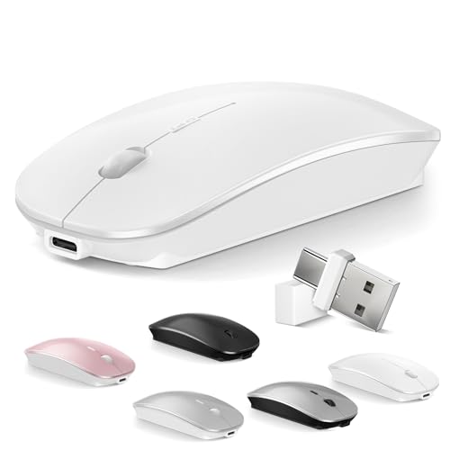 Normdecos Mouse for MacBook Wireless Bluetooth Mouse Laptop MacBook Air Mac Pro Rechargeable Silent PC iPad Optical Mice with Dual Mode Switch Bluetooth 5.2/3.0 and 2.4GHz USB Type-C Receiver White - color: 5.Bluetooth Wireless Mouse (White)