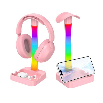 Headphone Stand with Charger,Gaming Headset stand with RGB Light Mode,For Airpod Max Stand,Desk Lamp,Phone Holder,Tablet Holder,desktop organizer,Gifts for Gamers & Music Lover (Pink) - color: Pink
