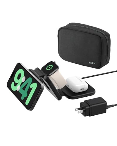 Belkin Qi2 15W Magnetic Wireless Travel Pad, 3 in 1 Foldable Charger | MagSafe compatible, iPhone 16 Series, Apple Watch, AirPods, BoostCharge Pro, portable travel charger, Magnetic - style: 3 in 1