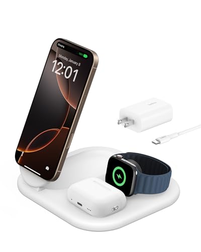 Belkin 3-in-1 MagSafe-Compatible iPhone Charger - Foldable Magnetic Qi2 Certified, MagSafe Charging Station for Phone, Apple Watch, AirPods - Wireless for Multiple Devices - color: White