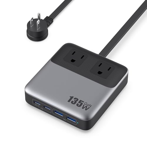 6-in-1 Charging Station USB C Power Strip with 5ft Cord and Plug,135W GaN-IV USB C Charger Block,2 AC Outlets,2 USB-A,2 USB-C for MacBook,iPhone 16/15/14,Fast Charging Desktop Charger for Office,Home - color: A-Black, size: 135W
