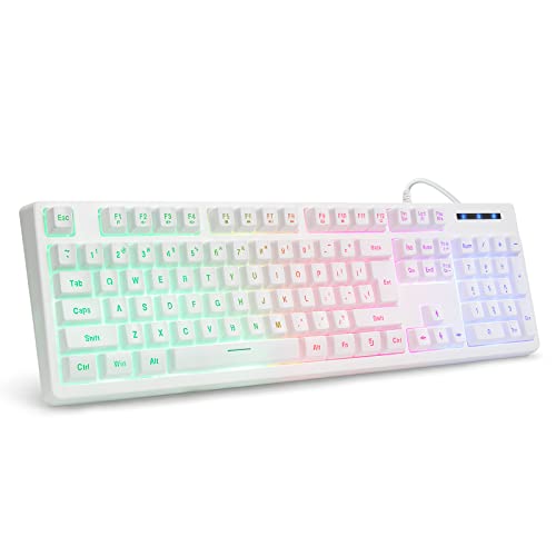 HUO JI White Gaming Keyboard USB Wired with Rainbow LED Backlit, Floating Keys, Mechanical Feeling, Spill Resistant, Ergonomic for Xbox, PS Series, Desktop, Computer, PC - color: White