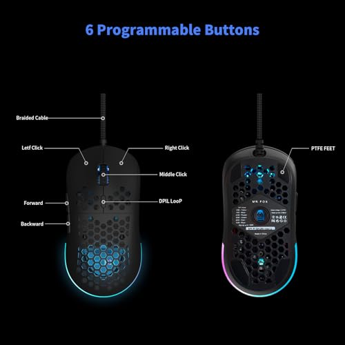 MR.FOX M1 Ultralight Honeycomb Gaming Mouse Wired, 75g Lightweight, 12,800 DPI Optical Sensor, RGB Lighting with Music Sync, 6 Programmable Buttons, Braided Cable, Gaming Mouse for PC/Mac, Black - color: Black