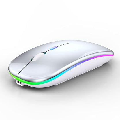 WREANU Wireless Bluetooth Mouse Rechargeable Laptop Mice with LED Lights Silent Slim Use(BT5.2 and 2.4G Portable USB Receiver)Dual Mode Computer Mouse for Laptop/iPad/Tablet/Apple/Computer/Mac(Silver) - color: Silver Wireless Bluetooth Mouse