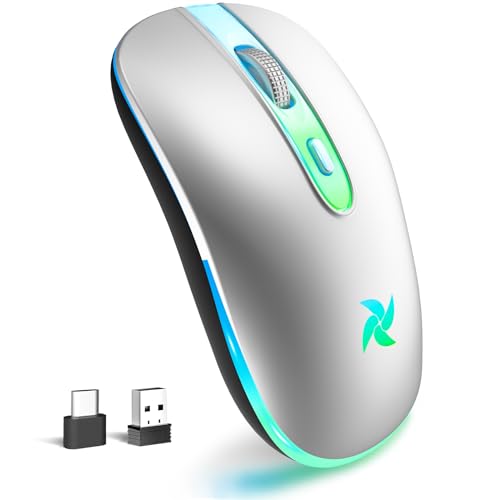 HZD Wireless Computer Mouse for Laptop, MacBook, 2.4G USB Portable,Sliver | Slim Silent Rechargeable Mouse with Type C Adapter, 3 Adjustable DPI Levels 1600/1200/800 for Tablet with LED Lights - color: Silver