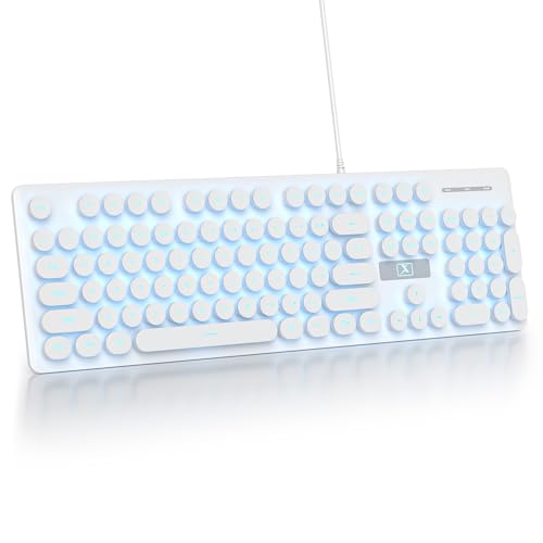 Retro Typewriter White Keyboard Full Size, 104 Keys LED Backlit Wired Membrane Keyboard with Number Pad, Ultra Slim Quiet Home/Office Computer Keyboard for PC, Laptop, Desktop (White) - color: White