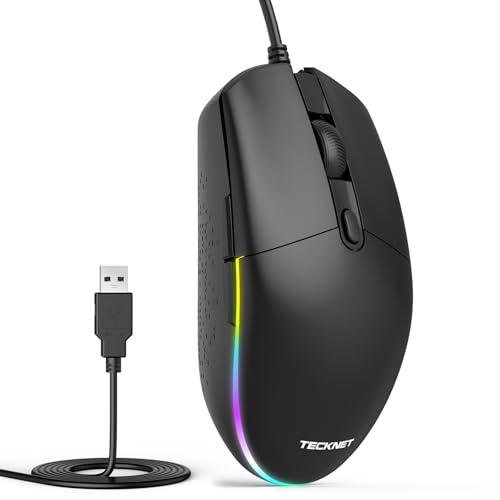 TECKNET Wired Mouse with RGB Backlit, Full Size Mouse with Side Buttons | Up to 8000 DPI, Plug and Play Silent Corded USB Computer Mouse, 7 Adjustable RGB Lighting Modes, Office and Gaming Mice - color: Black