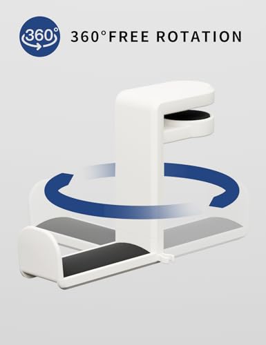 Headphone Hook Under Desk Holder 360-Degree Adjustable Rotation, White | Fits 0.47-1.57 in desks as headset stand hanger, easy spring clamp, soft rubber pads, built-in loop for cable organizer - color: Creamy White