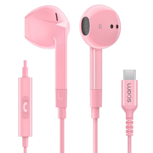 LUDOS FEROX USB C Headphones for iPhone 17 16 15 Pro Max Plus Air iPad Pro, 5 Years Warranty, USB-C Earbuds for Samsung Galaxy S24 S23 Ultra S22 S21 FE S20 Z Flip 3 Fold 4 A53, USB Type C Earphones - color: Pink, style: USB-C